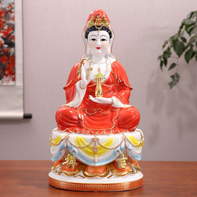 中国红古莲观音菩萨佛像陶瓷家用供奉南海观世音像镇宅新中式摆件