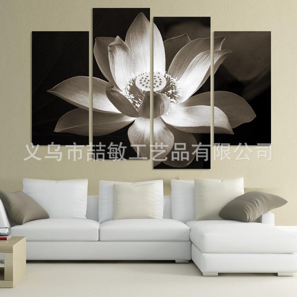 现代简约客厅装饰画喷绘油画四联荷花欧式餐厅跨境货源