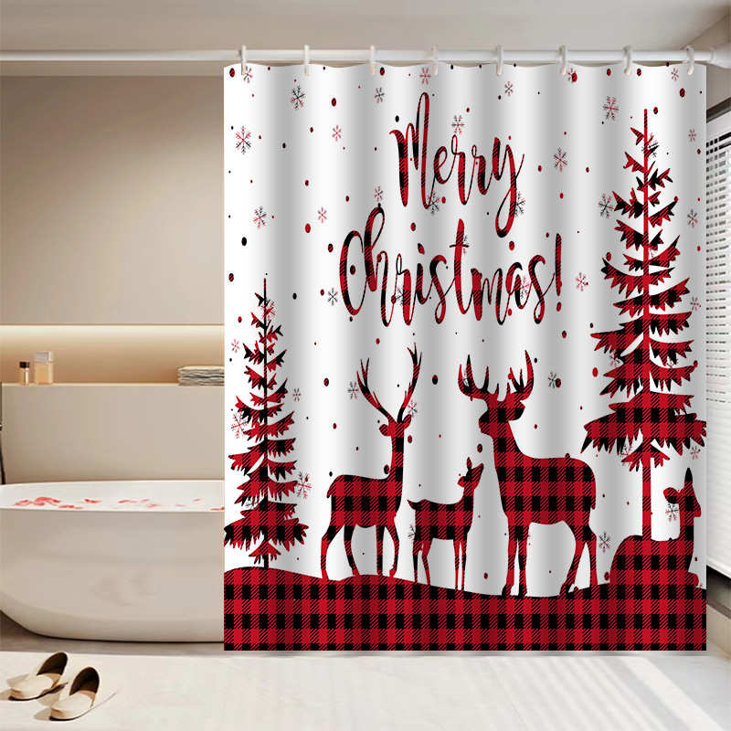 圣诞数码印花浴帘浴室免打孔浴帘防水防霉涤纶隔断门帘