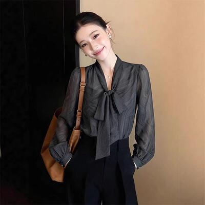 法式蝴蝶结系带长袖衬衫女2026春季新款设计感小众黑色衬衣A11068