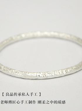 正品新式[心动]男原手工纹创999足银手镯女情侣款古法实心锤纯银
