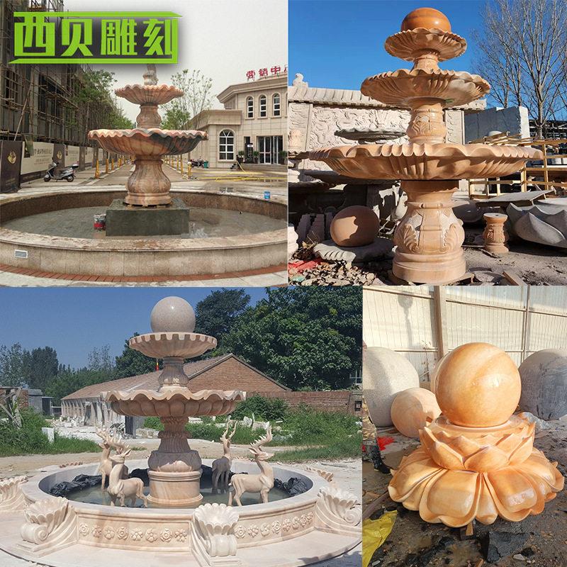 供应大理石晚霞红喷泉石雕简约雕塑厂家销售石材水景摆件假山