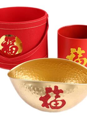 铁艺福桶福字抱抱桶银柳干花圆形红色花盒包装盒开业乔迁结婚花桶