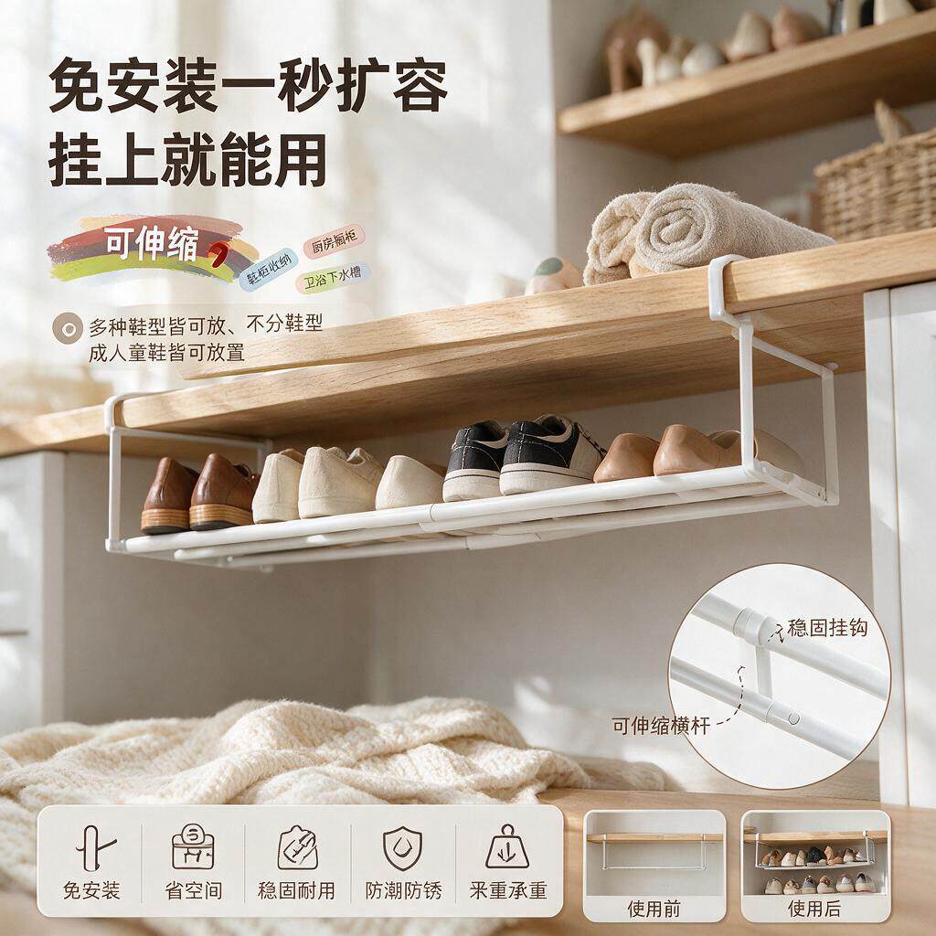 柜内鞋架可伸缩家用鞋柜分层隔板鞋托下挂篮易安装置物架整理鞋子