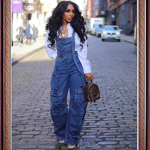 Women's Fashion Belted Loose Fit Multi-Pocket Jumpsuit