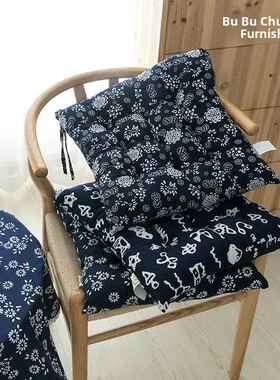 蓝色花布文艺民族风格覆古面料餐饮棉和亚麻透气冬季加厚系带椅垫