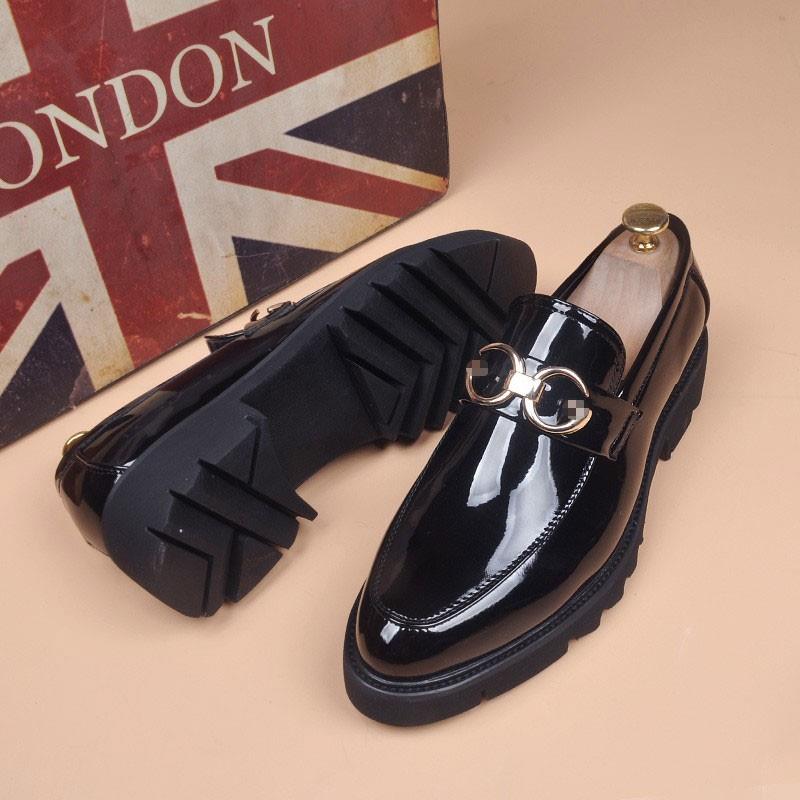 正品头皮鞋男闲韩版厚底内增高布洛克潮鞋皮子一脚蹬漆商务休 工