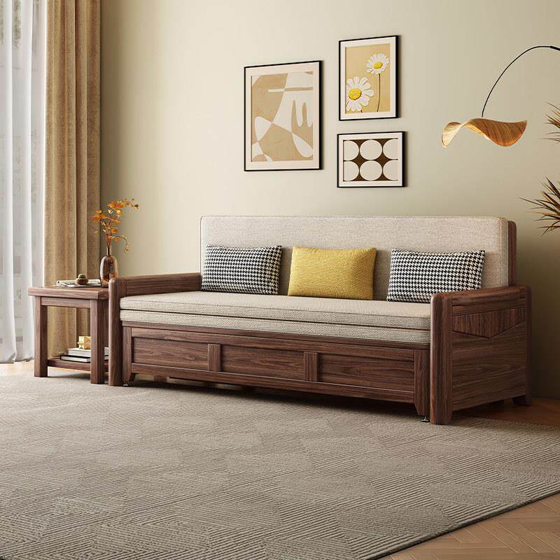 新中式沙发床折叠两用黑胡桃实木三人位小户型客厅直排伸缩可储物