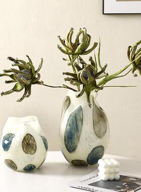 新品蓝绿肌理网格艺术氛围感斑点玻璃花瓶新中式高级手工玻璃花器