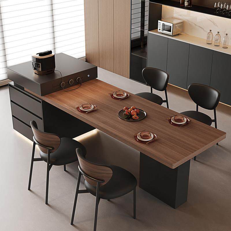 意式极简胡桃木纹岩板可伸缩岛台餐桌一体多功能厨房高端中倒台桌