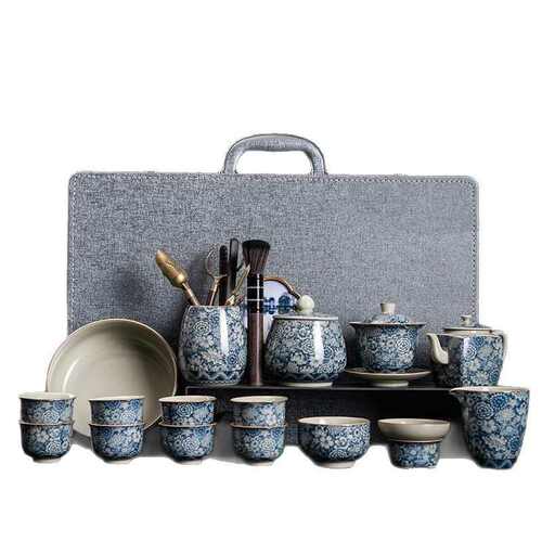 老陶泥青花瓷功夫茶具套装家用整套轻奢中式办公室盖碗泡茶壶茶杯