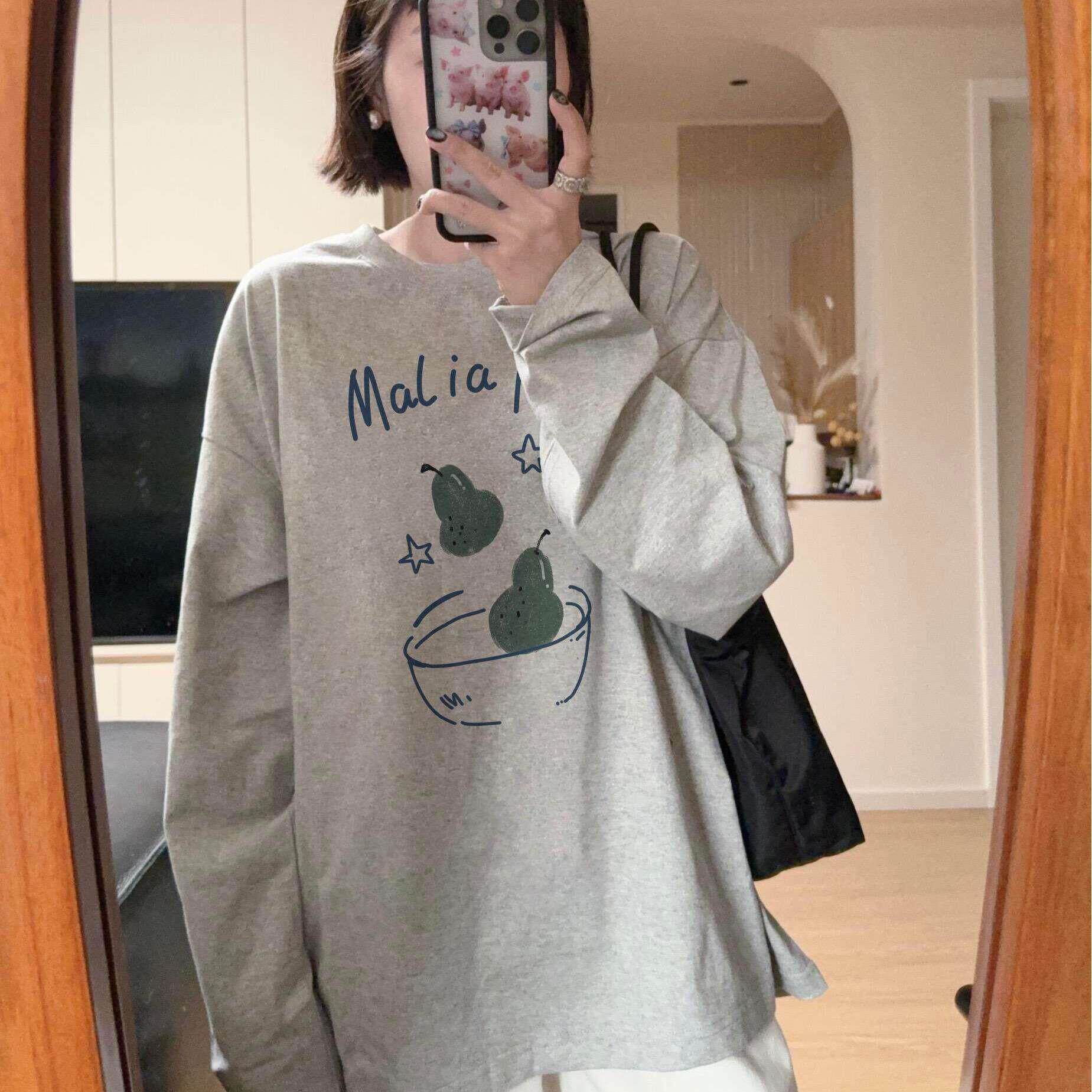 法式Rixo Kelly纯棉复古正肩灰色长袖t恤女设计感小众慵懒上衣