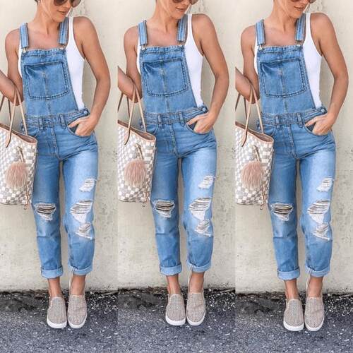 Sports shoulder straps, ripped denim jumpsuit, women's