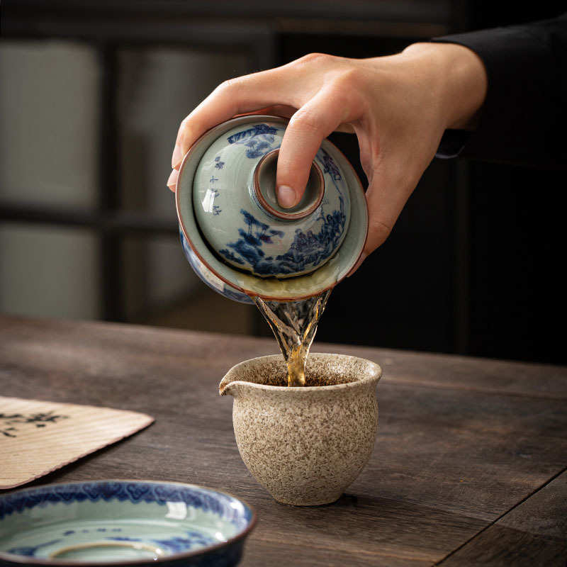 哥窑仿古青花老陶泥三才盖碗茶杯单个陶瓷茶具大号茶碗带盖不烫手