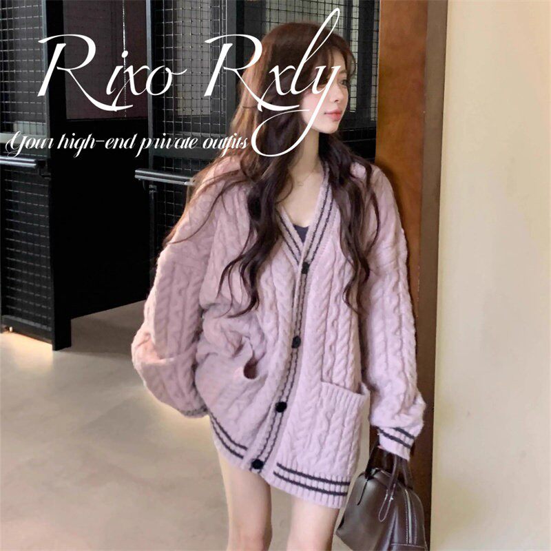 RIXO RXLY粉色麻花针织开衫毛衣女春秋小众设计感宽松慵懒风上衣