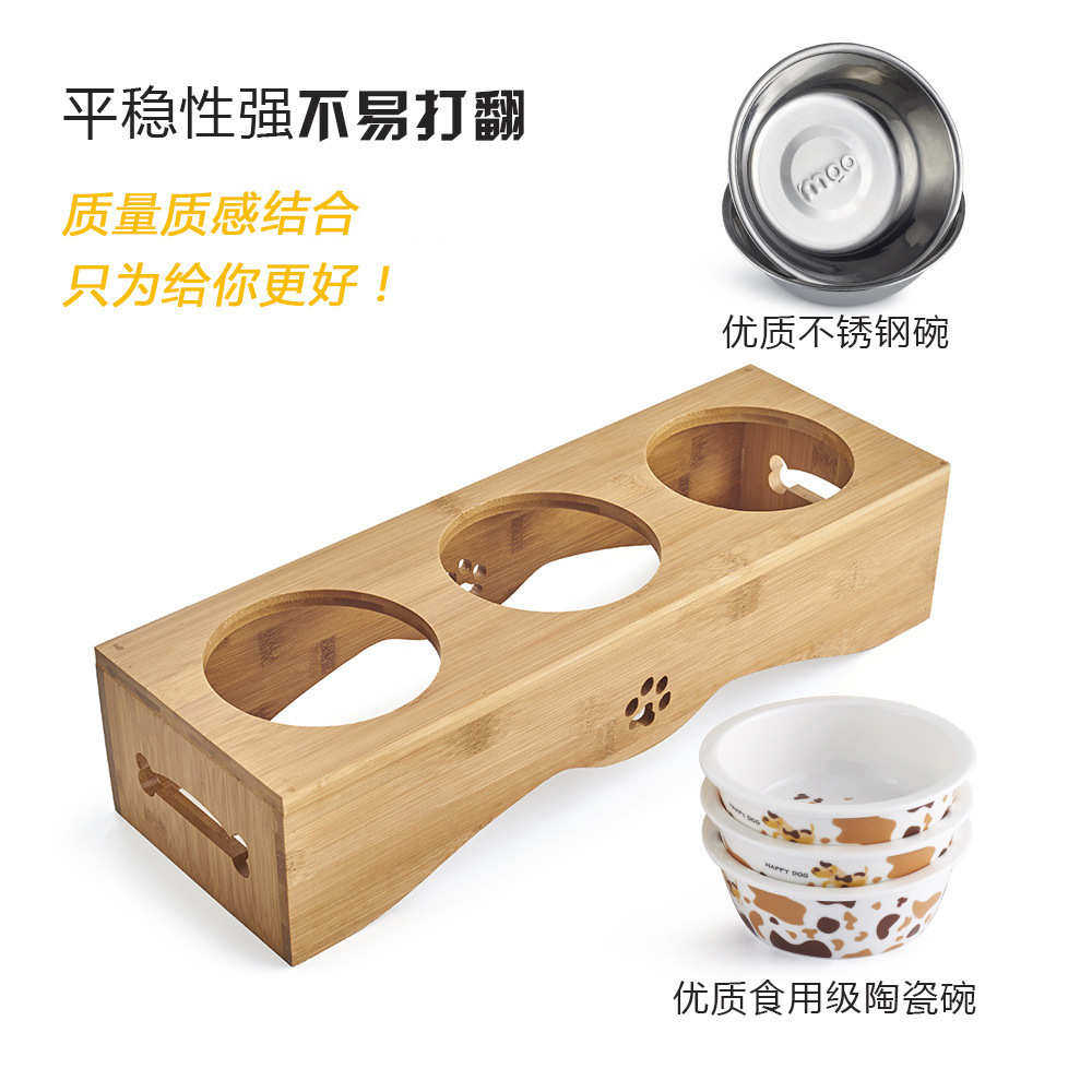宠物用品猫咪宠物食具天然竹木餐桌三碗不锈钢碗陶瓷碗狗碗宠物碗