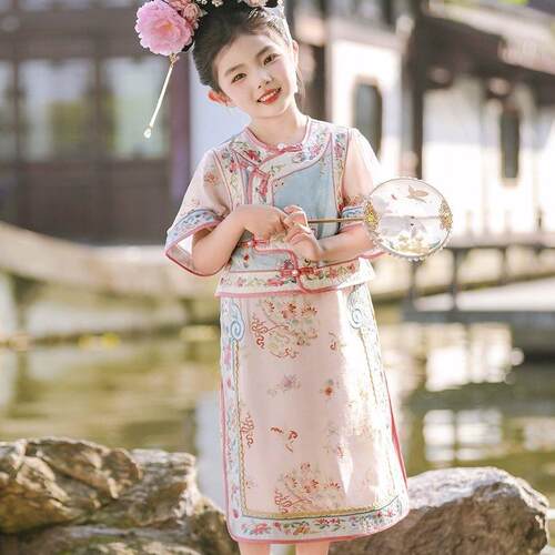 汉服女童夏装儿童宫廷印花格格服女孩中国风轻薄短袖旗袍裙连衣裙