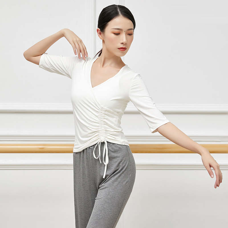 现代舞练功服女莫代尔V领不规则抽绳上衣瑜伽服中袖拉丁舞舞蹈服