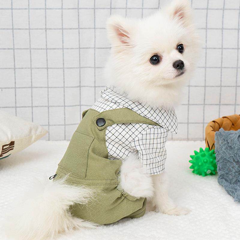 狗狗背带裤夏季衬衣泰迪衣服时尚格子四脚衣宠物服装用品