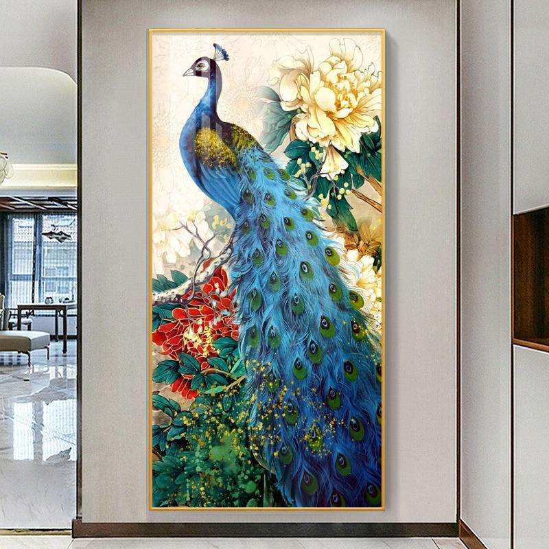 吉祥孔雀轻奢玄关装饰画现代简约入户走廊过道墙竖版晶瓷镶钻挂画