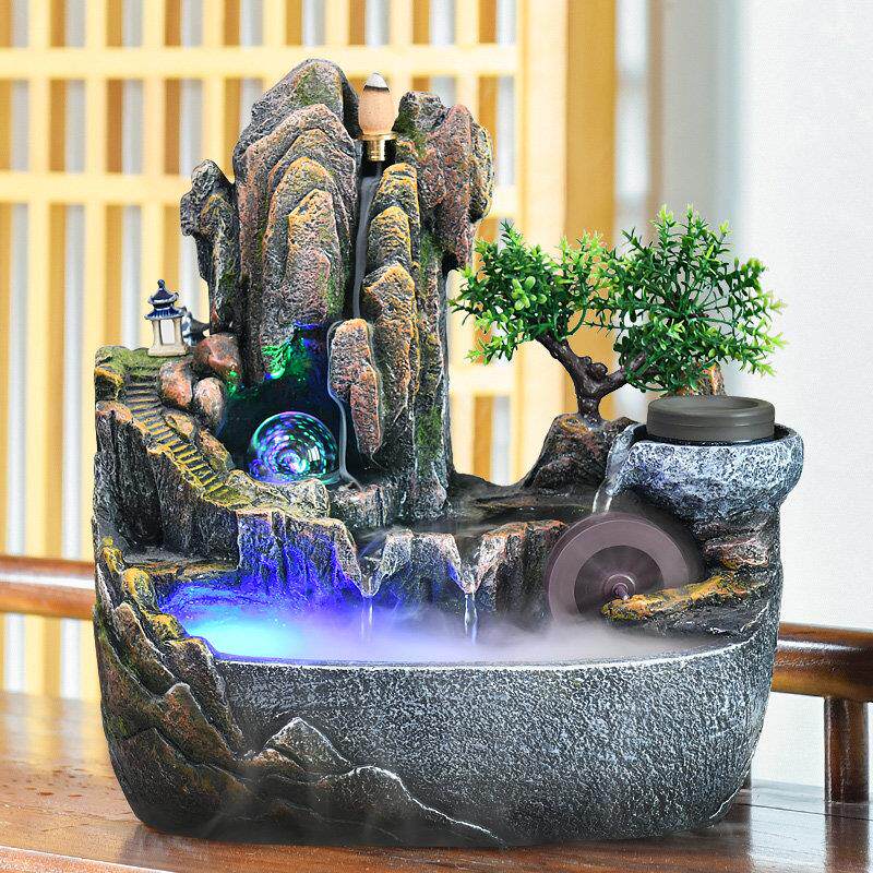 高山流水假山景观喷泉摆件客厅桌面风水轮水车招财转运球循环水景