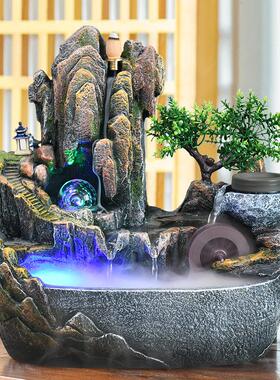 高山流水假山景观喷泉摆件客厅桌面风水轮水车招财转运球循环水景