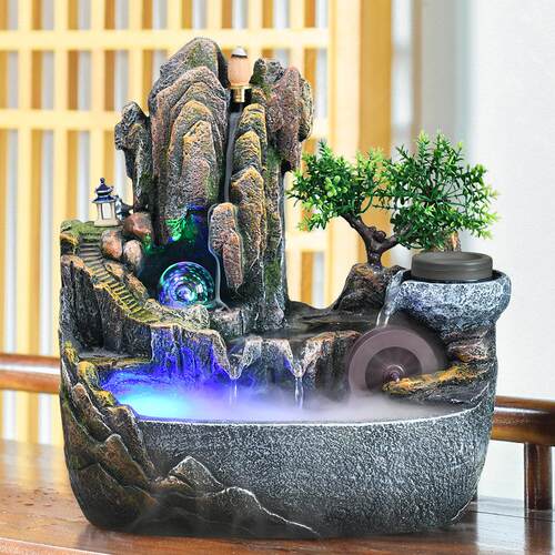 高山流水假山景观喷泉摆件客厅桌面风水轮水车招财转运球循环水景