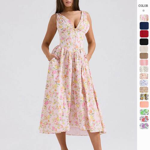 Flat top long dress with printed collar 吊带长裙印花领连衣裙