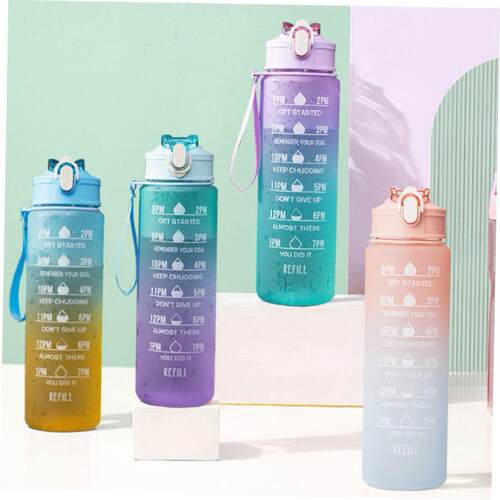 Sports Water Bottle With Straw Time Marker Leakproof Cold Dr