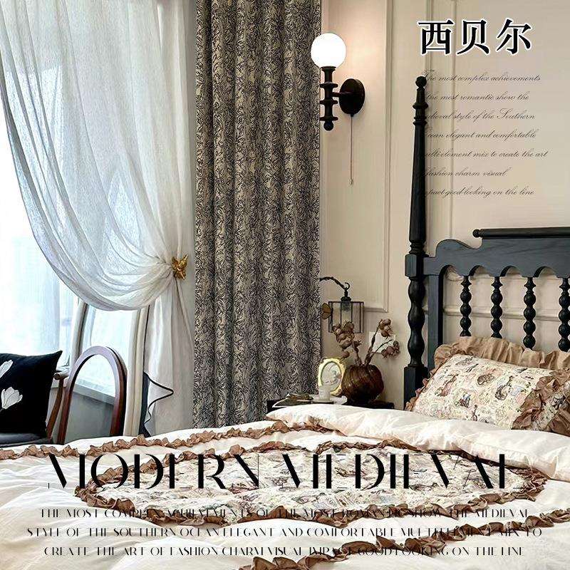 高级法式中古风复古风窗帘黑色花布加厚提花雪尼尔窗帘客厅卧室