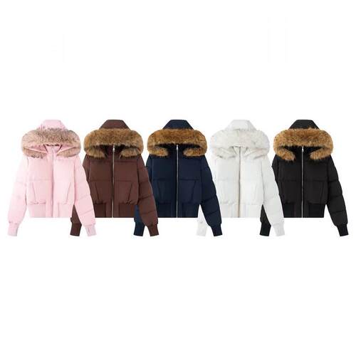 Women's fur collar hooded zipper cotton jacket