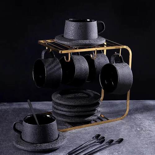 Black Matte Coffee Cup Set Ceramic Cups with Spoon & Holder
