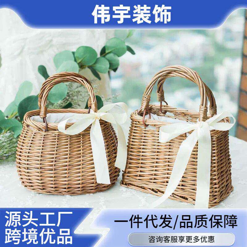 藤编收纳篮花篮编织菜篮子布衬柳编新款手提竹编收纳框