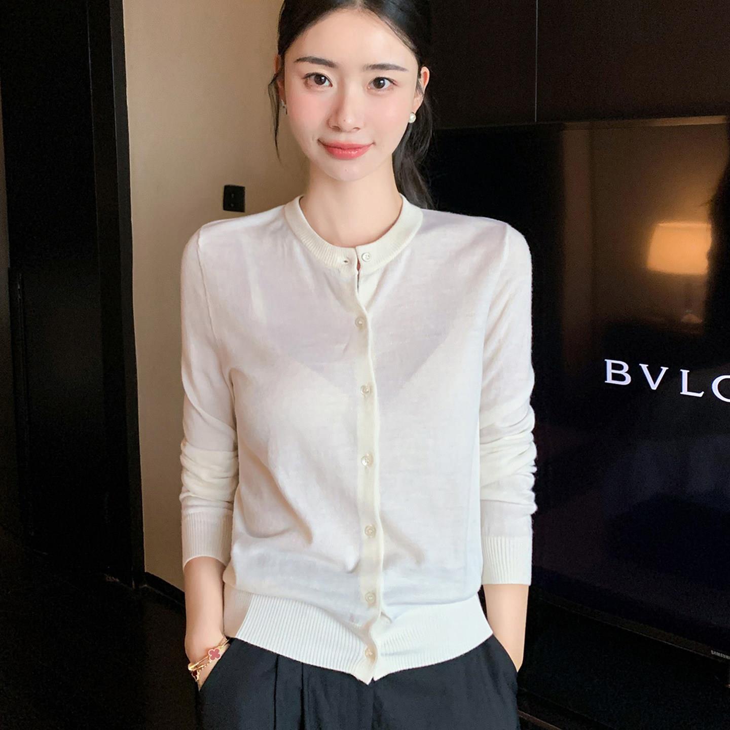 美丽诺精纺100%纯羊毛开衫女薄款2025新款早秋季圆领毛衣针织外套