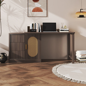 新中式 复古藤编书桌可伸缩转角梳妆台置物架一体卧室实木斗柜定制