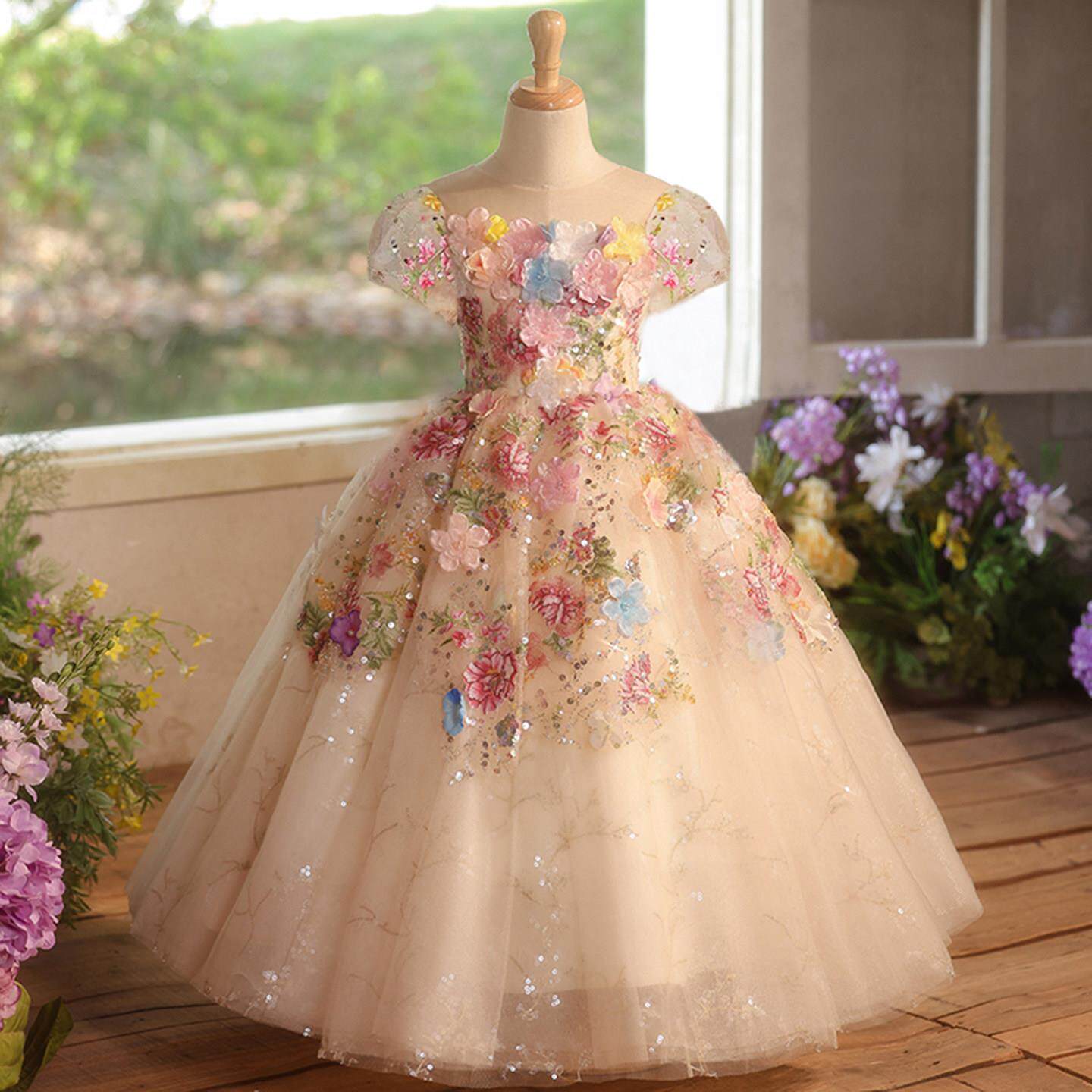 女童礼服十岁生日女孩公主裙花童婚礼花朵绝美儿童主持钢琴演出服