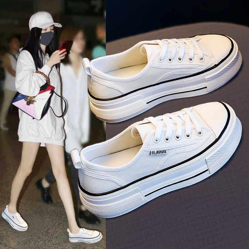 潮牌百搭厚底松糕小白鞋女2025春帆布休闲真皮板鞋显瘦度假旅游鞋