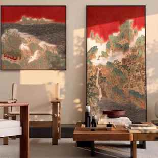 新中式玄关大气红色风景挂画酒店客餐厅茶室别墅走廊高档装饰壁画