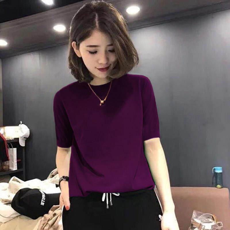 2026春夏冰丝针织衫女短袖韩版宽松薄款百搭丝光棉t恤半袖上衣女