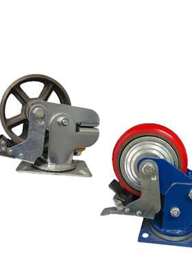 6寸8寸红色PU减震脚轮铁芯聚氨酯蓝色单双簧耐高温减震轮万向轮