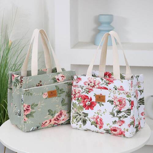 Aesthetic Floral Print Lunch Bag, Insulated Large Capacity