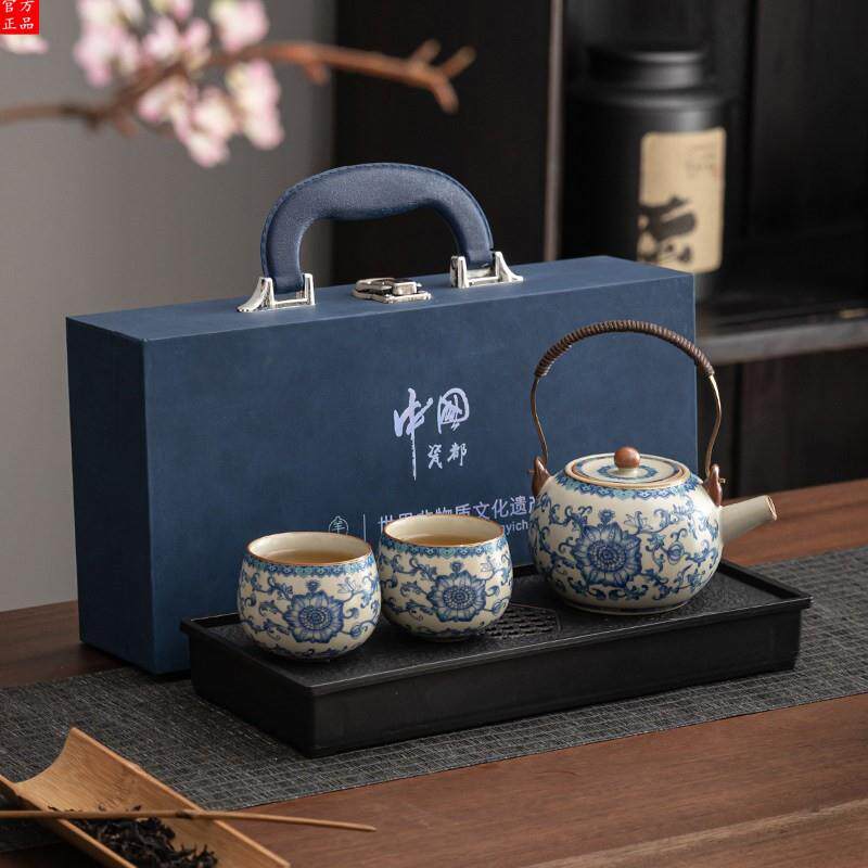 2026新款景德镇米黄汝窑青花功夫茶具套装家用办公室泡茶陶瓷茶壶