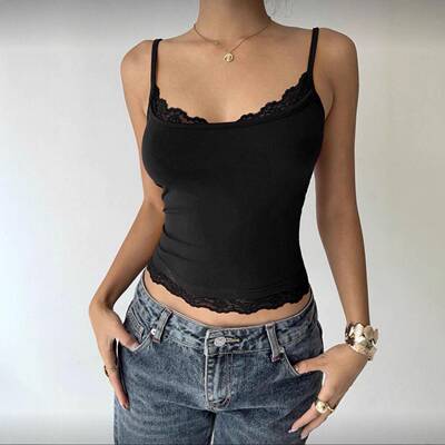 Square Neck Lace Patchwork Vest Tank Top Sexy Hollow Out