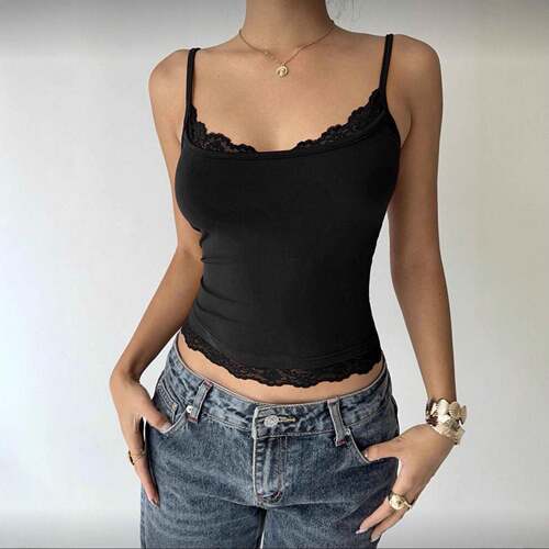 Square Neck Lace Patchwork Sleeveless Vest Sexy Hollow Out