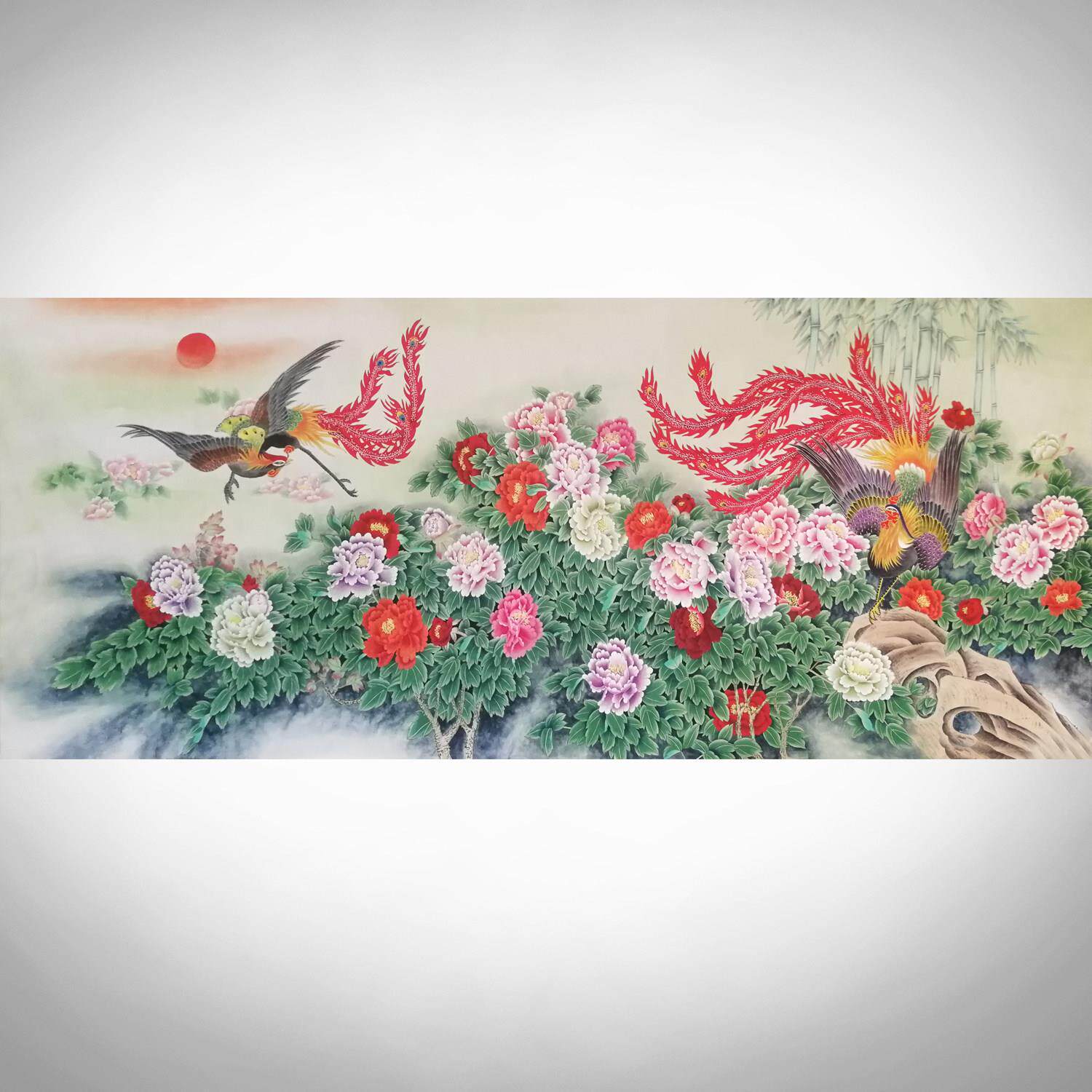 手绘工笔牡丹挂画 画装饰画 画凤凰图花开 富贵客厅挂画 画招财壁