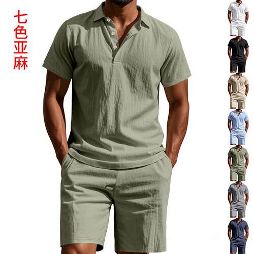 Men's linen two linen shirt short sleeved shorts beach set