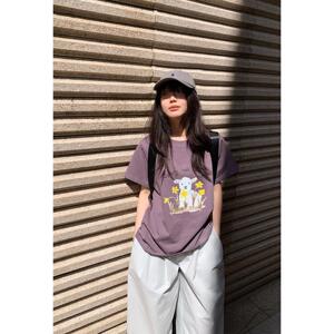 一三良品小个子 可爱羊咩咩 宽松紫色卡通印花短袖圆领T恤上衣女