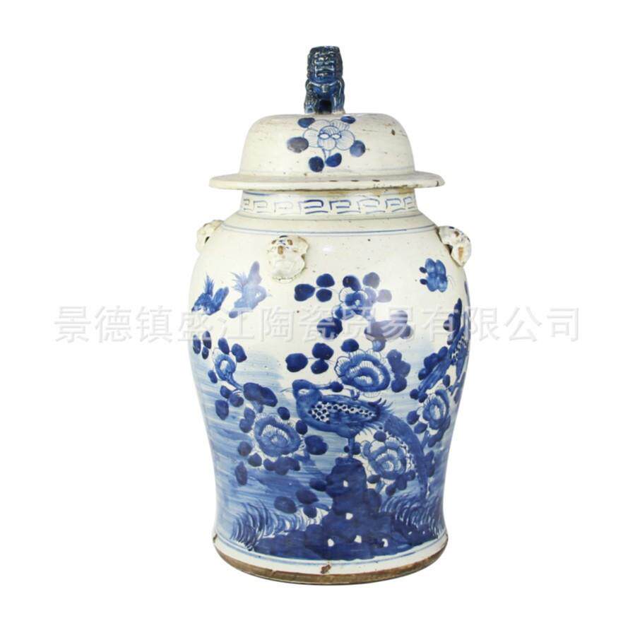 景德镇陶瓷花瓶仿古将军罐复古脚踩泥青花花鸟人物将军罐花瓶摆件