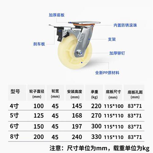 重脚轮4、5平、6、8板推车尼型龙耐磨ABhstjl102寸刹车双轴承工业