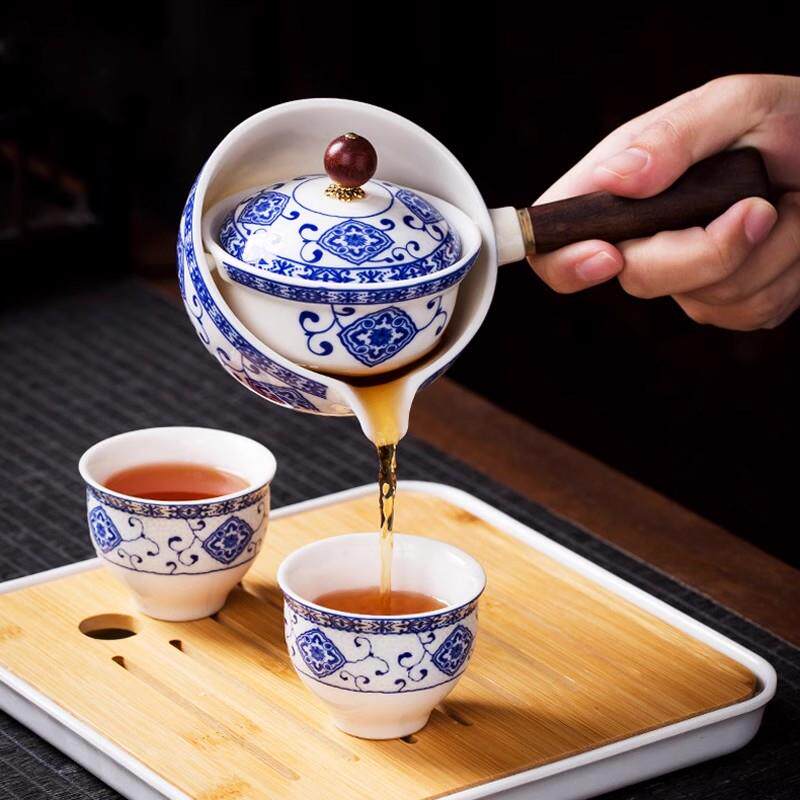 旋转逍遥泡茶壶小康泡自动茶具泡茶青花瓷懒人茶壶旅行包套装